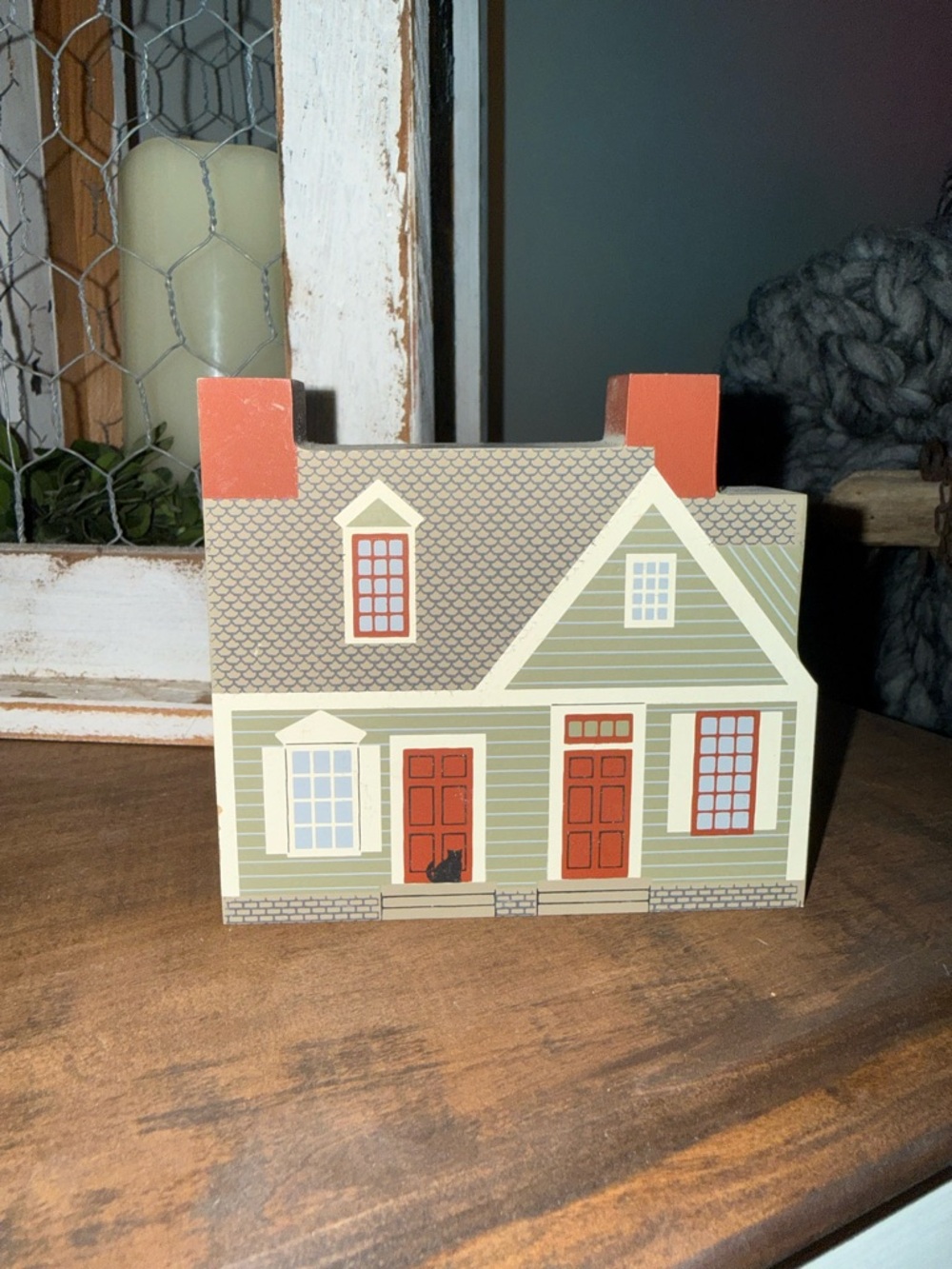 Longaberger Decorative Wooden House in Sage Green and Red Accents